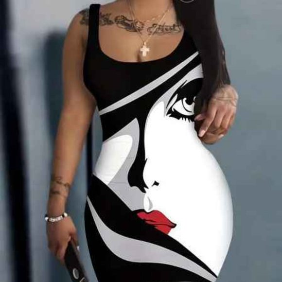 Sexy Sleeveless Bodycon Dress Size Large 8/10 Face Print Pattern Black & White - Picture 1 of 6